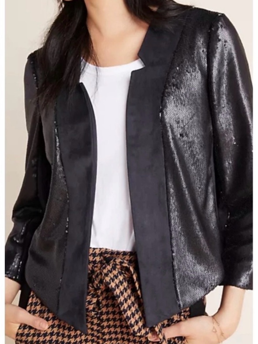 By Anthropologie Shonda Black Sequined Faux Suede Jacket Size XSP